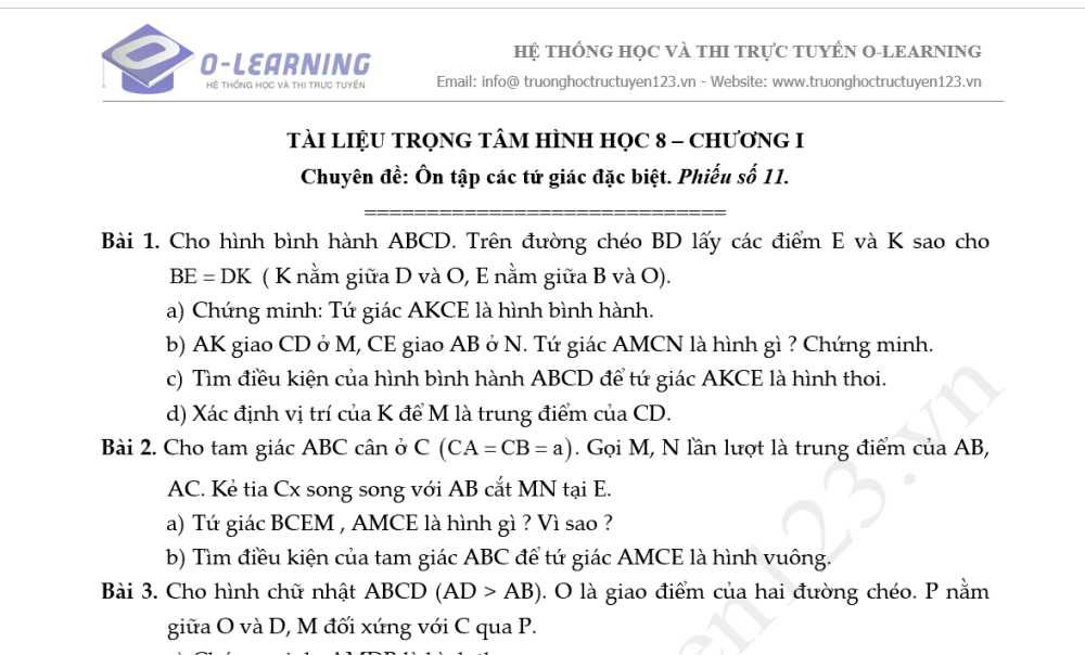 Toán 8. Tài liệu Hình học Trọng tâm  Chương 1. Phiếu 11 Chuyên đề: Ôn tập tứ giác đặc biệt